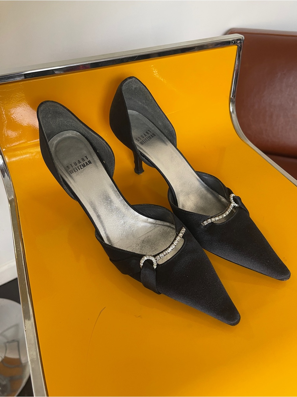 Stuart Weitzman Black Satin Pointed Toe Stiletto Pumps with Crystal Bar